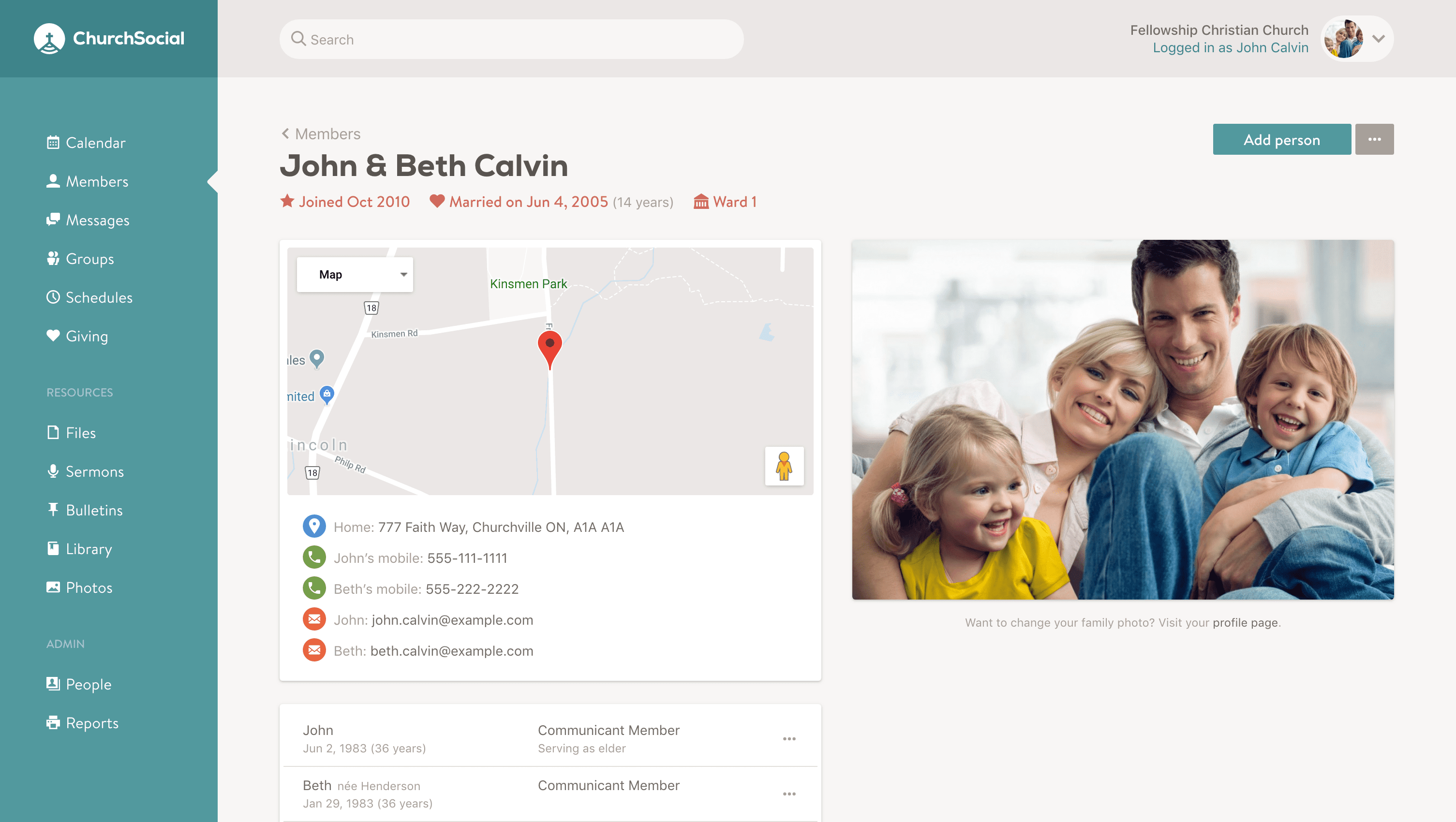 Screenshot of a family page